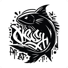Catfish silhouette, animal graffiti tag, hip hop, street art typography illustration.