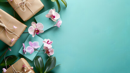 Charming orchids and gift cards on a green background with space for text. representing a Graduation concept. Presented in a flat lay style from a top angle