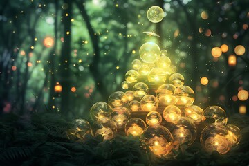 : A pyramid of glowing orbs in a dark forest with a firefly hitting the topmost orb. - obrazy, fototapety, plakaty