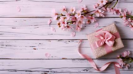 Cherry blossoms and gift box on white wooden background. flat lay top view