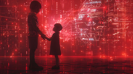 Connection between child and android. digital tech setting with illusion of programming language and data link notion on red luminous technology landscape