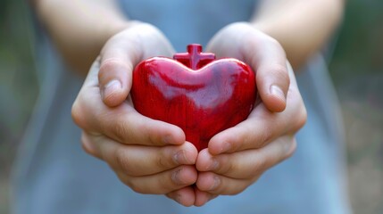 A person holding a red heart shaped object in their hands, AI