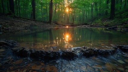 Sunlight filters through trees onto small pond in forest - obrazy, fototapety, plakaty