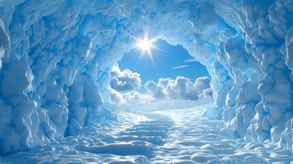 A frozen cave under a polar ice cap with sunlight peeking through the clouds