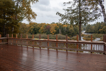 Fototapeta na wymiar A wooden cedar observation deck extends gracefully over the banks of a tranquil river in Michigan. Autumn colored trees line the riverbanks.