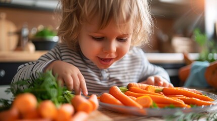 A little boy is eating carrots from a plate on the table, AI