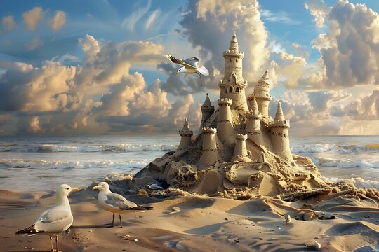 : A pyramid of sandcastles on a beach with a seagull landing on the highest castle.