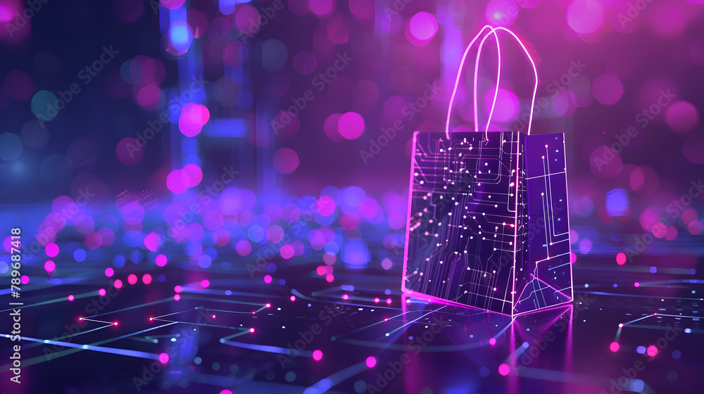Poster cybernetic shopping bag icon with data and online technology background for e-commerce. web design o