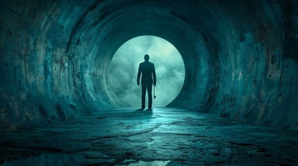 A man standing in an electric blue tunnel surrounded by darkness