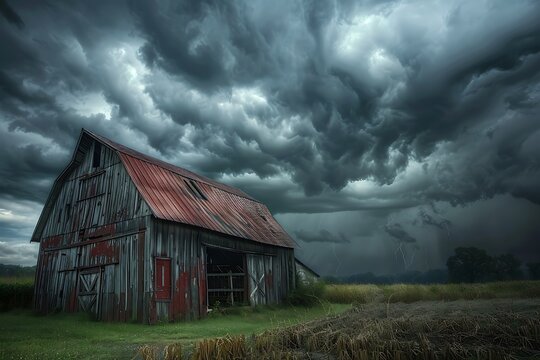 : A rain-soaked abandoned barn in a field, with storm clouds gathering above