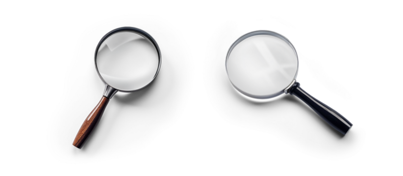 set of detective and science Magnifying glass for research searching and discovery analyses, finding facts concepts isolated cutout on transparent png background with shadows - Powered by Adobe