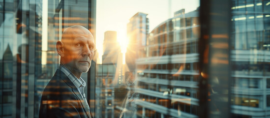 A confident businessman gazes intently through the window. The background consists of a blurred cityscape with multiple skyscrapers.Copy space