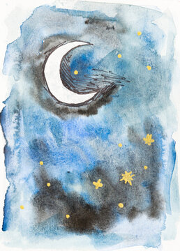 Crescent moon and stars watercolor
