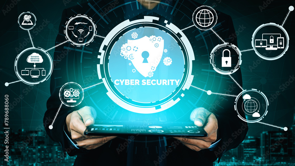 Poster cyber security and digital data protection concept. icon interface showing secure firewall technolog
