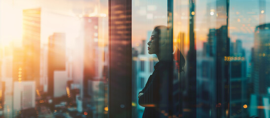 A confident businesswoman gazes intently through the window. The background consists of a blurred cityscape with multiple skyscrapers.Copy space - obrazy, fototapety, plakaty