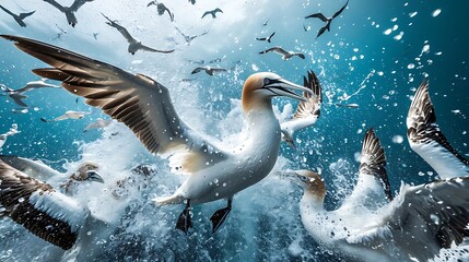 A scene of gannets diving gracefully into the turquoise waters, their sleek bodies piercing the surface with effortless precision. - obrazy, fototapety, plakaty
