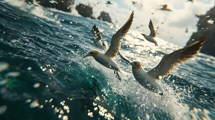 A scene of gannets diving gracefully into the turquoise waters, their sleek bodies piercing the surface with effortless precision.