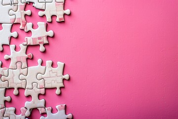 Whiteand pink jigsaw puzzle on pink background with copy space for text.