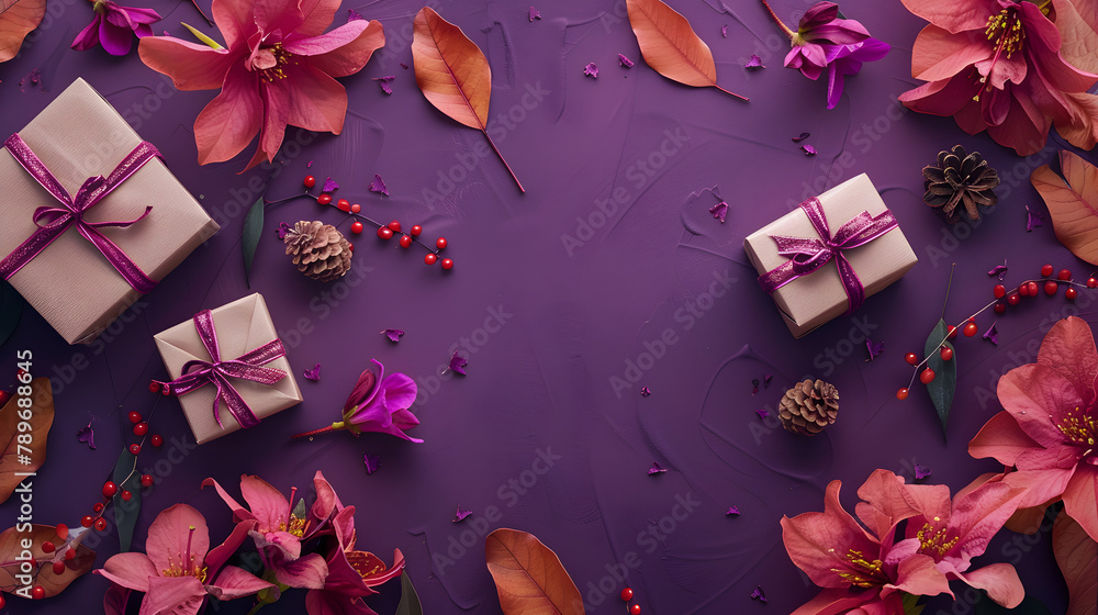 Poster enchanting azaleas and gift packets on a purple background with room for text. illustrating a thanks