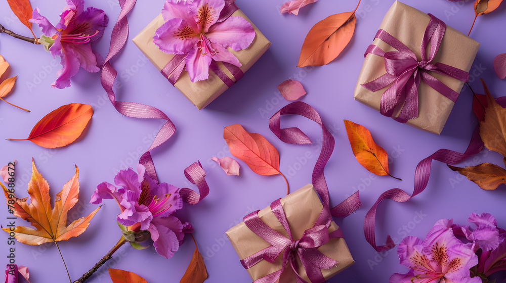 Poster enchanting azaleas and gift packets on a purple background with room for text. illustrating a thanks