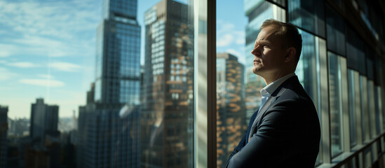 Fototapeta premium A confident businessman gazes intently through the window. The background consists of a blurred cityscape with multiple skyscrapers.Copy space