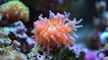 Naklejka na ściany i meble A close up of an orange sea urchin on a coral reef, AI