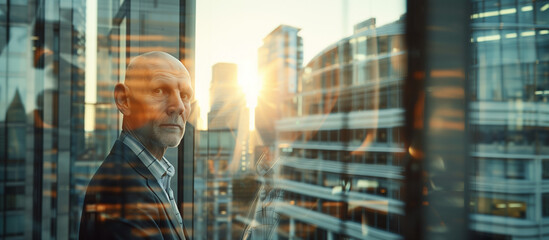 A confident businessman gazes intently through the window. The background consists of a blurred cityscape with multiple skyscrapers.Copy space