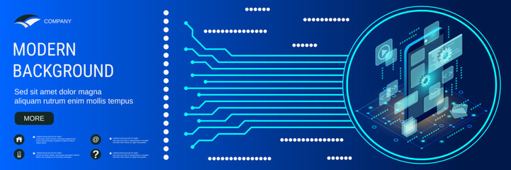 Digital technology banner vector design template. Software UI construction, mobile application development modern 3d isometric concept