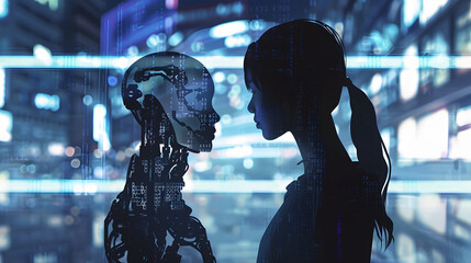 Exchange between a girl and a robot. cybernetic technological scene with a shadow. Programming. Data transmission on a technical sight with glowing indigo - obrazy, fototapety, plakaty