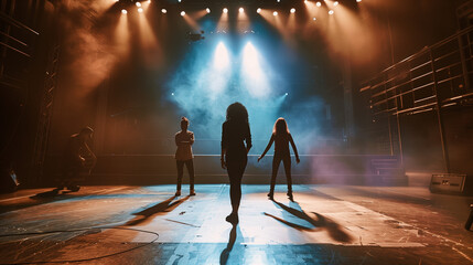 some young teen teenager actress and actors on a theatre rehearsal