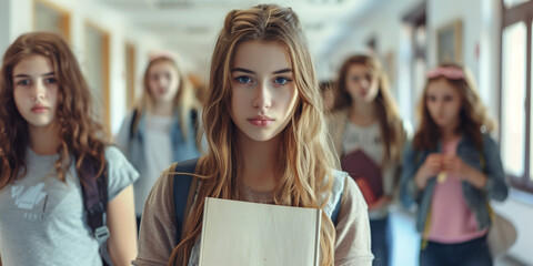 sad teenage girl looking at the camera at her school hallway, holding a book