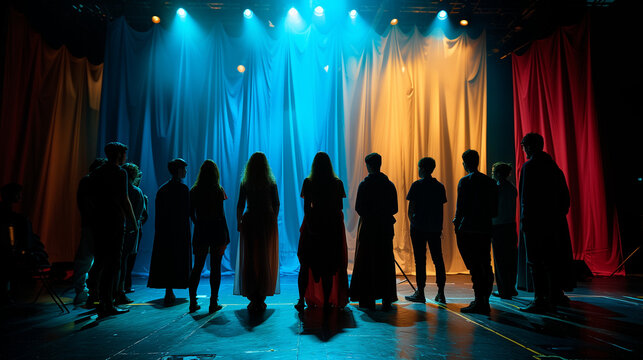 some young teen teenager actress and actors on a theatre rehearsal