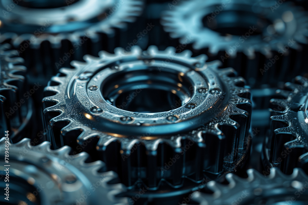 Poster an abstract depiction of gears turning in unison, symbolizing teamwork and synchronization. concept 