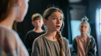 some young teen teenager actress and actors on a theatre rehearsal