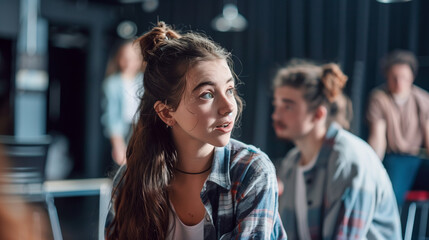 Obraz premium some young teen teenager actress and actors on a theatre rehearsal
