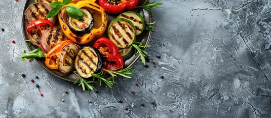 Colorful grilled vegetables including bell peppers, zucchini, and eggplant arranged on a plate placed on a light grey slate, stone, or concrete surface. Viewed from above with space for text.