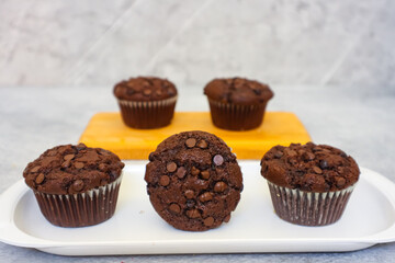 Chocolate muffin or cupcake with chocochips topping