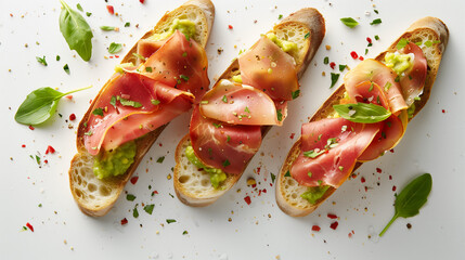 commercial food photography;Toasted artisan bread with slices of turkey ham on crushed avocado in a white background