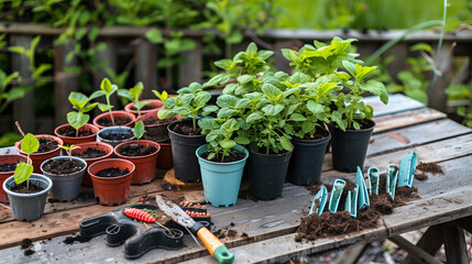planting tools and young plants seedlings for planting seedlings
