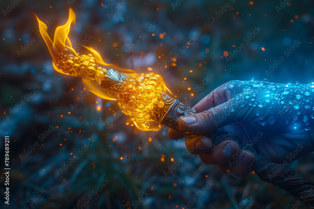 Poster a symbolic image of a torch being passed from one hand to another, signifying the continuity of know