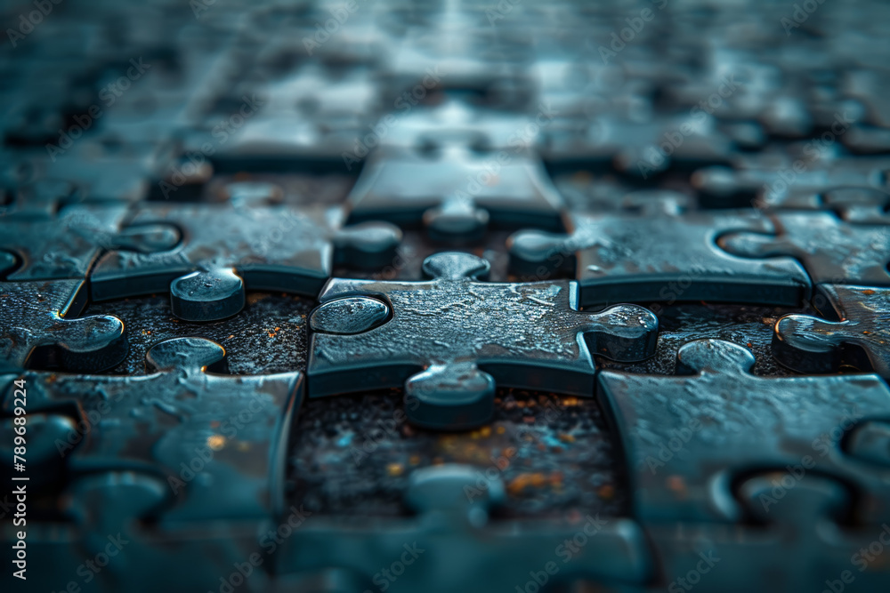 Poster an abstract depiction of puzzle pieces fitting together, symbolizing the alignment of goals and obje