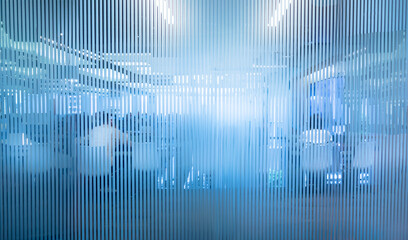 Modern office  interior with frosted glass texture and thin lines in blue tones.