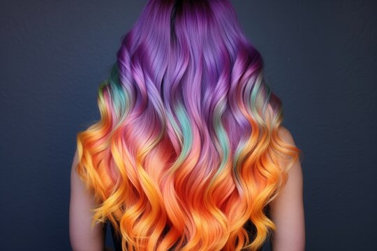 Colorful curly hair of a girl photographed from behind. Back of the head. Minimal concept of hair care and balayage coloring technique