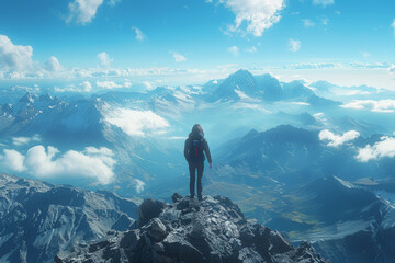 A person standing atop a mountain peak, gazing out at the expansive landscape below, feeling liberated and empowered. Concept of elevation and liberation. Generative Ai. - Powered by Adobe