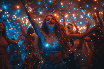 Obraz premium A group of friends dancing joyfully under the stars, reveling in the freedom of self-expression and connection. Concept of liberation and camaraderie. Generative Ai.