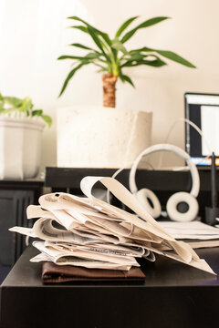 Messy workplace with receipts