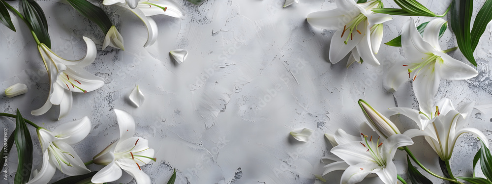 Poster grey lilies border a frame on a grey background with copy space. in a flat lay top view