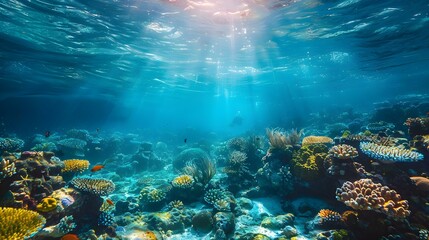 Fototapeta na wymiar Scuba Diver's Serenity Amongst Ocean's Depths. Concept Underwater Photography, Marine Life Beauty, Diver's Interaction, Deep Sea Exploration, Aquatic Ecosystems
