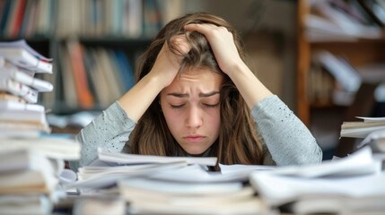 Closeup of Time Management Struggles A student is shown sitting at their desk surrounded by piles of papers and textbooks looking overwhelmed and stressed. Balancing individual and .