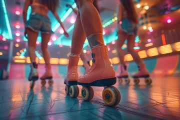 Kussenhoes A group of friends roller skating at a retro rink, embracing the nostalgia of 1970s roller disco. Concept of nostalgic roller skating. Generative Ai. © Sebastian